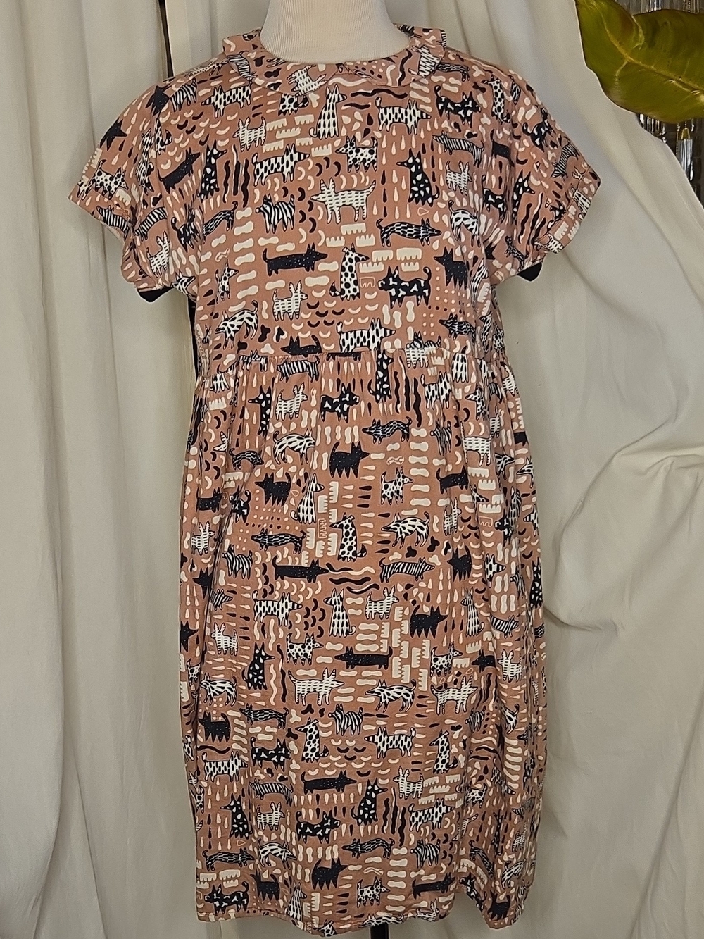 Relaxed Babydool Mauve Printed Midi Dress with Short Sleeves
